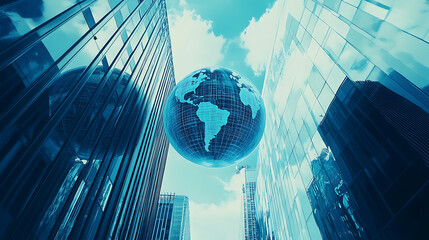 Aufkleber - A double exposure of the globe and modern office buildings with glass facades, representing global business in the digital era