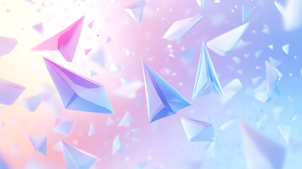 Poster - A background with pastel colored triangles and squares floating in the air, creating an abstract design that resembles scattered kites
