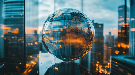 Fototapete - A double exposure of the world globe and glass building in a business district, symbolizing global network technology for online advertising