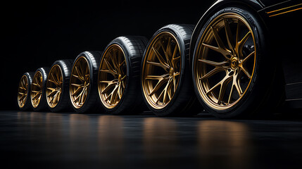 Aufkleber - A row of black and gold wheels with new tires is displayed against a dark background, symbolizing quality sports car maintenance