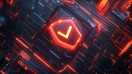 Leinwandbilder - A futuristic digital shield with a checkmark symbol on it, representing security and protection in the abstract space of data technology