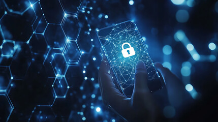 Aufkleber - A hand holding an Phone with the digital padlock symbol glowing on top of it, against a background of blue hexagons and white circles representing network connections