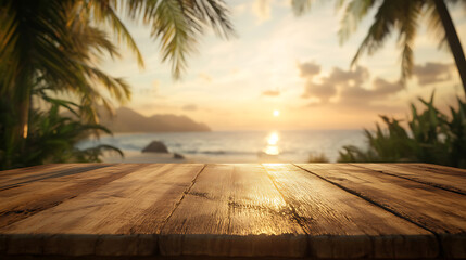Poster - A wooden table with a blurred background of palm trees and the sea, creating an exotic summer concept