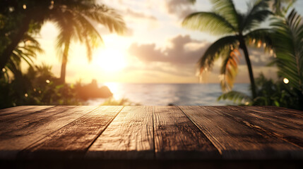 Poster - A wooden table with a blurred background of palm trees and the sea, creating an exotic summer concept