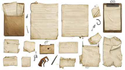 Poster - A detailed illustration set featuring various types of note paper, including blank sheets, sticky notes, and torn paper pieces, all equipped with pins and clips for a realistic look