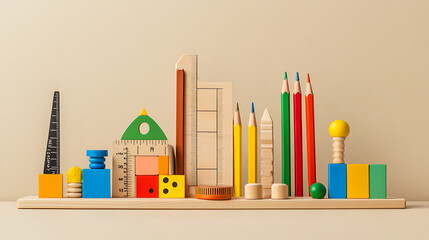 Poster - A conceptual image of wooden toy blocks, pencils, and other school supplies arranged to represent math fractions, set against a beige background, emphasizing an educational theme
