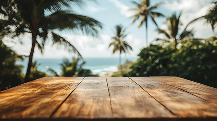 Poster - A wooden table with a blurred background of palm trees and the sea, creating an exotic summer concept