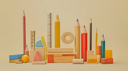 Poster - A conceptual image of wooden toy blocks, pencils, and other school supplies arranged to represent math fractions, set against a beige background, emphasizing an educational theme