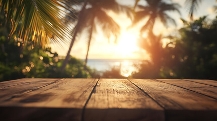 Poster - A wooden table with a blurred background of palm trees and the sea, creating an exotic summer concept