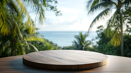 Poster - A wooden table with a blurred background of palm trees and the sea, creating an exotic summer concept
