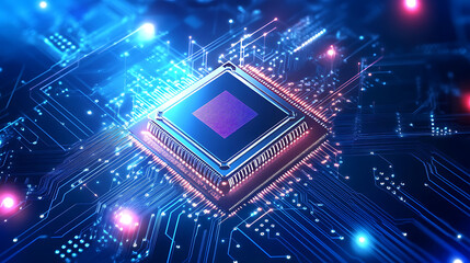 Fototapete - Abstract background with digital chip and laser beams, symbolizing the future of technology in AI research and big data