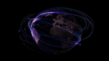 Aufkleber - Glowing blue and purple lines orbit around the globe, representing global connectivity and technology's impact on world events in dark background