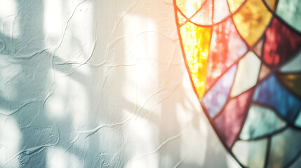 Poster - Blurred overlay effect for photo and mockups, Textured white wall with organic drop diagonal shadow of art deco stained glass window