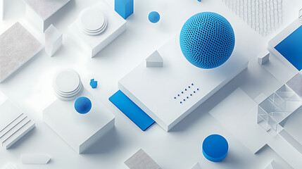 Aufkleber - A white background with blue and gray geometric shapes, representing the digital transformation of construction marketing for web design