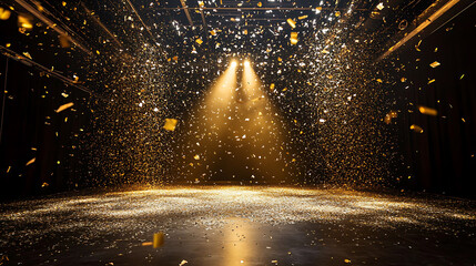 Leinwandbilder - Golden confetti rain on festive stage with light beam in the middle, empty room at night mockup