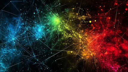 Poster - Abstract digital background with lines and dots in blue, red and green colors on a dark background