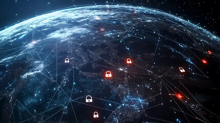 Poster - An illustration of the Earth with digital connections and padlock icons connecting various global areas, symbolizing advanced security technology in cyber space