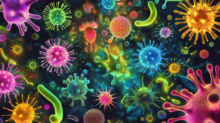 Poster - Abstract bacteria and viruses in various shapes colorful microbiology background 3d illustration