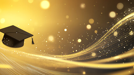 Aufkleber - Elegant gold background with wave lines and blurred bokeh lights, featuring an illustration of black graduation cap on the left side
