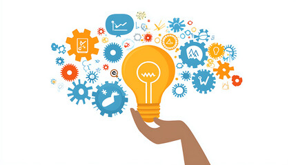 Poster - Hand holding light bulb with gears icon, digital marketing and online business concept for technology innovation idea in creative thinking process