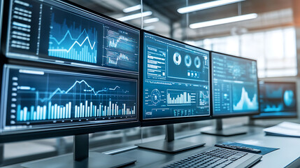 Leinwandbilder - High-tech control room with monitors showing data analysis