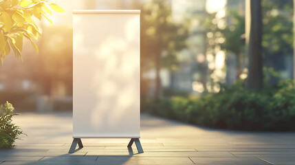 Poster - Blank white roll up banner mockup in blurred public space background advertising display stand 3d illustration