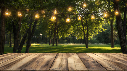 Aufkleber - A wooden table with a blurred background of palm trees and the sea, creating an exotic summer concept