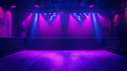 Poster - Empty nightclub stage with spotlights and dark blue background 3d rendering