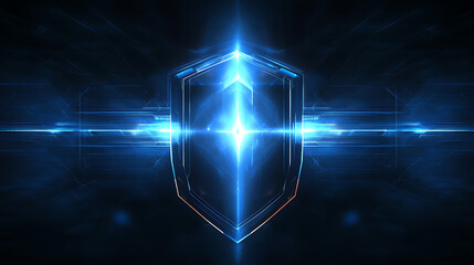 Poster - Futuristic shield icon in the center of abstract digital blue background with light effects, security technology concept