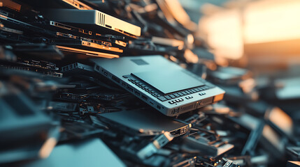 Fototapete - Heap of discarded laptop parts ewaste recycling and electronic waste management concept blurred image