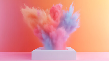 Poster - Colorful powder paint explosion around white product display frame abstract 3d render
