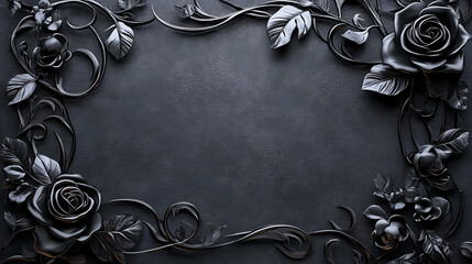 Poster - Intricate black metal rose frame on dark steel background creative floral border design digital illustration
