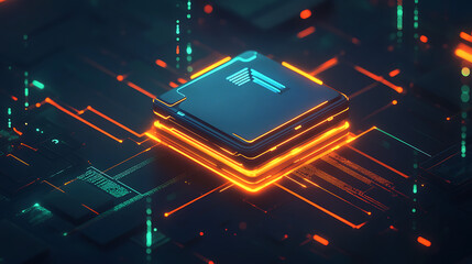 Fototapete - Isometric cyber security lock icon, orange and blue colors, dark background, glowing data lines in the air around it, green light, orange glow, techy, futuristic