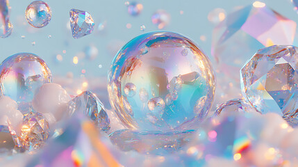 Poster - Iridescent bubbles floating in a light blue background, diamonds floating in the air, soft pastel colors used, sparklecore style with things looking shiny and glittery