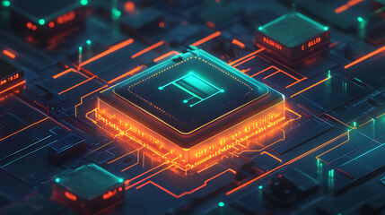 Fototapete - Isometric cyber security lock icon, orange and blue colors, dark background, glowing data lines in the air around it, green light, orange glow, techy, futuristic