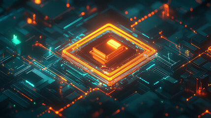 Fototapete - Isometric cyber security lock icon, orange and blue colors, dark background, glowing data lines in the air around it, green light, orange glow, techy, futuristic