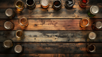 Aufkleber - Rustic wooden background with an aerial view of multiple glasses and beers