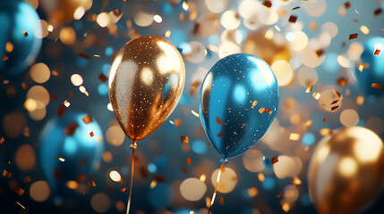 Poster - Festive background with golden and blue balloons confetti and ribbons holiday celebration