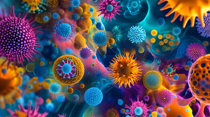 Aufkleber - Vertical animation , Microscopic view of viruses and cells in vivid colors