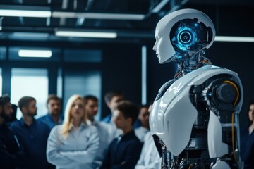 Fototapete - A diverse group of individuals engages with an abstract AI system in a contemporary workspace, sharing ideas and insights. Generative AI