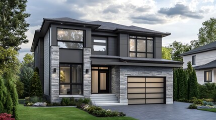 Wall Mural - Modern home with gray siding, stone columns, and twin garages against a stormy sky backdrop.