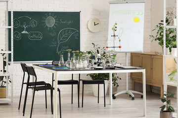 Wall Mural - Interior of Biology classroom with table, blackboard and plants