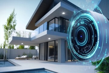 Poster - The cutting-edge entryway of a stylish home showcases smart security features like cameras, motion sensors, and a fingerprint scanner. Generative AI