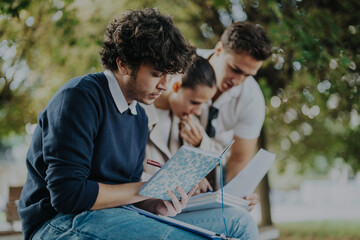 Poster - A group of university students collaborate while studying in a park. They engage in discussion and take notes, reflecting teamwork and academic dedication in a relaxed outdoor setting.