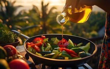 Wall Mural - A person pours olive oil over fresh vegetables in a pan, preparing a healthy meal outdoors.