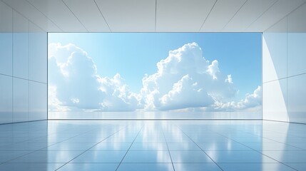 Wall Mural - Modern room with large window showcasing a bright sky and fluffy clouds.