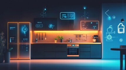 Aufkleber - A contemporary kitchen showcases smart appliances with glowing indicators and connected features, enhancing cooking efficiency and style. Generative AI