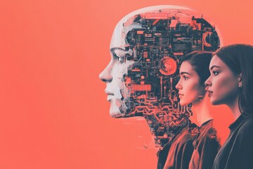 Aufkleber - A diverse group of individuals stands in front of an abstract artificial intelligence representation, engaged in discussion at a tech gathering. Generative AI