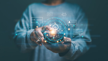 Poster - Businessman using application on smartphone for intelligence AI to assistance business. Futuristic technology transformation. Command prompt for generates something, Ai search, Smart chatbot.