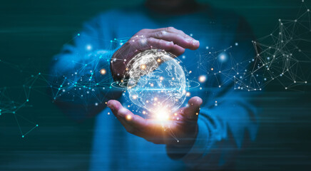 Poster - Media and data connection for business concept, Digital link tech, Businessman's hands holding global technology and media digital network connection, Big data analytics and business intelligence.
